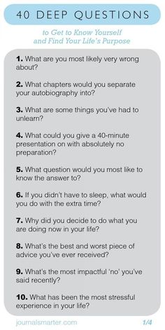 a question card with the words 40 deep questions to get to know yourself and find your life's purpose