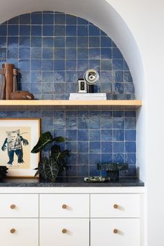 a blue tiled wall in a kitchen with white cupboards and shelves filled with plants