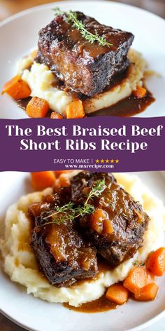 two beef short ribs, visibly tender and browned, with a rich, glossy coating of braised sauce. The ribs are nestled atop a generous portion of creamy mashed potatoes, which have a pale, buttery hue and a smooth, slightly whipped texture. Braised Beef Short Ribs Recipe, Short Ribs Braised, Beef Short Ribs Recipe, Prep Snacks, Braised Short Ribs Recipe, Boneless Beef Short Ribs, Braised Beef Short Ribs, Beef Short Rib Recipes, Short Ribs Recipe