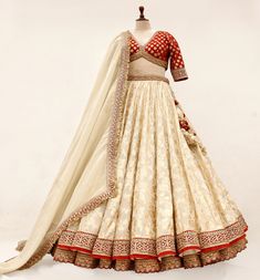 Off White And Red Lehenga, Red White Lehenga Choli, White Lengha Choli, Sabyasachi Lengha, White And Red Lehenga, Red And White Lehenga, Lancha Dress, Engagement Outfits For Bride