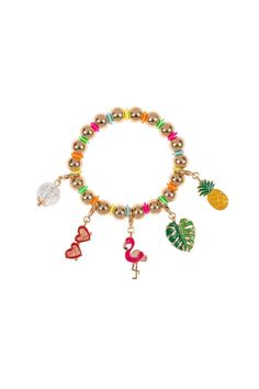 Ready for a flaminGO? This bracelet makes a summer statement! With a cluster of charms and a diameter of ~3 inches, it's designed in NYC and compliant with lead/cadmium safety standards (but please remember - it's NOT a toy for kids under 3). Adjustable Metal Bracelet For Vacation, Adjustable Metal Bracelets For Vacation, Fun Charm Bracelet Jewelry, Fun Adjustable Bangle Jewelry, Fun Adjustable Nickel-free Bracelets, Novelty Multicolor Summer Jewelry, Summer Novelty Multicolor Jewelry, Multicolor Beach Jewelry With Charms, Adjustable Novelty Charm Bracelet With Lobster Clasp