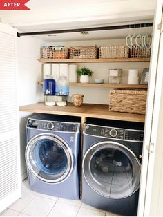 a washer and dryer in a small room with open shelving on the wall