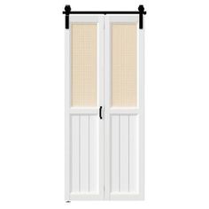 an open white door with blinds on the top and side panels in black, against a white background