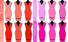 the different types of dresses on mannequins are shown in pink and orange