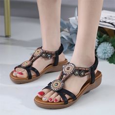 Bohemian Black Sandals With Flat Heel, Black Bohemian Sandals For Spring, Black Ankle Strap Bohemian Sandals, Black Bohemian Ankle Strap Sandals, Black Bohemian Sandals With Round Toe, Black Closed Toe Bohemian Sandals, Black Bohemian Closed Toe Sandals, Bohemian Black Closed Toe Sandals, Women Sandals Flat