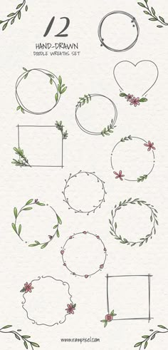 the hand drawn frames and wreaths are all in different shapes, sizes and colors