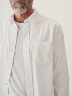 Our eased-up lightweight take on the classic American oxford cloth button-down. | Buck Mason Men's California Oxford One Pocket Shirt in White, Size Small Casual Dress Shirt With Relaxed Fit For Everyday, Casual Relaxed Fit Dress Shirt For Everyday, Casual Dress Shirt With Spread Collar For Everyday, Casual Everyday Dress Shirt With Spread Collar, Classic White Dress Shirt With Pockets, White Unstructured Everyday Shirt, Everyday White Relaxed Fit Shirt, Classic Dress Shirt For Everyday Spring Wear, Classic Everyday Dress Shirt For Spring