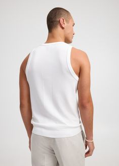 Tech Knit Tank Ivory - Calibre Menswear Casual Textured Knit Off White Tops, Classic White Fine Knit Top, Classic White Sweater With Ribbed Neckline, White Ribbed Knit Sweater, White Fitted Sweater With Ribbed Neckline, White Ribbed Knit Tops, White Knit Sweater With Ribbed Neckline, Fitted White Soft Knit Top, Casual Knitted Tops In Winter White