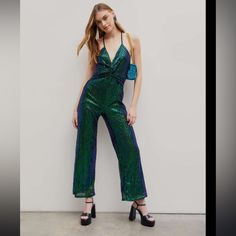 Brand New Fun Sequin Jumpsuit - Size Extra Small (Us 2) Velvet Jumper, Cream Jumpsuit, Mesh Romper, Gray Romper, Corduroy Overalls, Velvet Jumpsuit, Halter Romper, Sequin Jumpsuit, Flare Jumpsuit