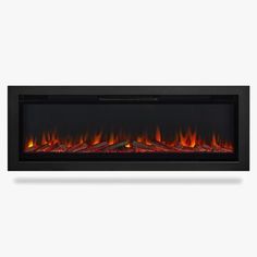 an electric fireplace with red flames and black frame