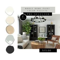 a living room with white walls, furniture and decor in shades of beige, grey, and black