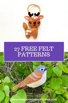 two different images with the words free felt patterns on them and an image of a bird hanging from a tree