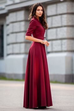 "Classic dark red maxi dress with circle skirts ➤ Features > dress lenght: 150 cm / 59,05\" > mid sleeves > v neckline > circle skirts > waistband ➤ Sizing My Size Guide in FAQ section below will help you define the perfect size match. The item can also be made according to your measurements - just message them to me. ➤ Delivery Your item is made-to-order and will be ready within 2-7 days. Average delivery times: > North America: up to 1-2 weeks > New Zealand, Australia: up Elegant Burgundy Maxi Dress, Elegant Burgundy Maxi Evening Dress, Fitted Full-length Maxi Dress With Lined Skirt, Elegant Burgundy Maxi Dress For Gala, Burgundy Maxi Dress For Formal Occasions, Formal Burgundy Maxi Dress, Elegant Red Flared Maxi Skirt, Burgandy Modest Dress, 3/4 Sleeve Circle Skirt Dress