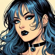 a drawing of a woman with blue hair and piercings on her ears, wearing black choker