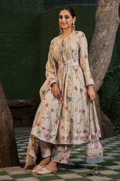 Ivory base anarkali with all over floral bloom prints. Paired with coordinating pant and dupatta with lace border. - Aza Fashions Round Neck Anarkali, Floral Print Anarkali, Ivory Silk, Lace Border, Pants Pattern, Modern Bride, Set For Women, Indian Outfits, Anarkali