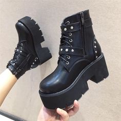 Black Buckle Design Rivet Ankle Boots on Storenvy Lace Up Platform Boots, Pinterest Pretty, Boots 2020, Feminine Chic, Team Board, Work Place, Style Punk, Rounded Toe Boots, Winter Boots Women