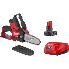 a red and black cordless chainsaw with tools