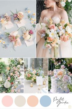 the wedding color scheme is peach, blue and white with flowers on it's side