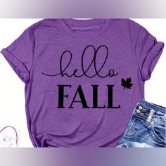 Hello Fall Purple Sper Soft T-Shirt Size M B004 Casual Purple T-shirt With Text Print, Purple Crew Neck T-shirt With Text Print, Trendy Purple Tops With Letter Print, Casual Purple Crew Neck T-shirt, Purple Cotton T-shirt With Letter Print, Purple Short Sleeve T-shirt With Text Print, Purple Crew Neck Top With Text Print, Purple Letter Print Crew Neck Top, Purple Letter Print Top For Fall