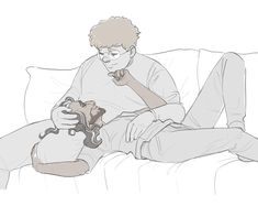 a drawing of a man sitting on a couch with a cat in his lap and looking at the camera