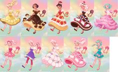 some cartoon characters are dressed up in different dresses and hair colors, with one girl holding an ice cream sundae