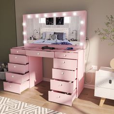 a pink vanity with lights on it in a bedroom next to a dresser and bed