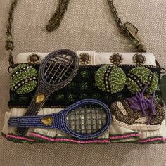 What A Racket Bag Wear As A Clutch Or Attach Silver Chain New With Tags Tennis Beaded With Theme Tennis Stunning!! Received As A Gift But Never Wore!! Non Smoking Pet Free Been Stored In Dust Bag Decorate Purse, Tennis Embroidery, Mary Frances Bags, Carrie Bradshaw Outfits, Purse Diy, Purse Decorations, Hand Beaded Bag, Dream Bags, Mary Frances