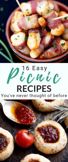 some food that is in a bowl and the words, 16 easy picnic recipes you've never thought of before