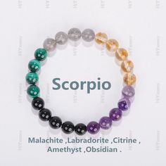 Scorpio, the eighth sign of the zodiac, is known for its intense and transformative nature.  Our necklace combines the powerful energies of Malachite, Labradorite, Citrine, Amethyst, and Obsidian, to promote protection, intuition, and transformation. Material: Natural Malachite, Labradorite, Citrine, Amethyst, Obsidian . Quantity: 1 Bracelet . Bracelets Beads Size: 8mm. Weight Approx : 18-24 g . (7.5 inch Length ) Bracelets Length: 7.5 Inches(you can leave the note of the wrist size need when pl Spiritual Zodiac Sign Bracelet Gift, Spiritual Zodiac Beaded Bracelets For Healing, Spiritual Beaded Birthstone Bracelets, Symbolic Gemstone Bracelet As Gift, Spiritual Aventurine Crystal Bracelet As Gift, Healing Crystal Bracelet With Birthstone And Round Beads, Healing Crystal Bracelet With Birthstone, Spiritual Healing Crystal Bracelet With Birthstone, Aventurine Gemstone Crystal Bracelet Gift