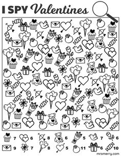 valentine's day coloring page with hearts and cupcakes on it, which includes numbers