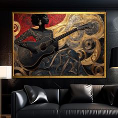 a living room with a couch and a painting on the wall above it that has a woman playing an acoustic guitar