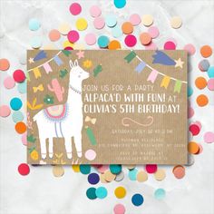 an alpaca birthday party with confetti and polka dots