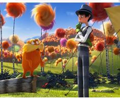 an animated character is standing in front of some trees and grass, while another character looks on