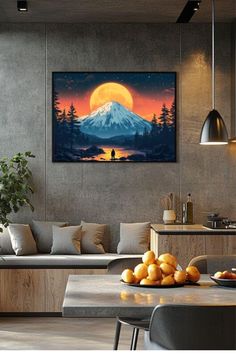 a living room filled with furniture and a painting hanging on the wall above a table