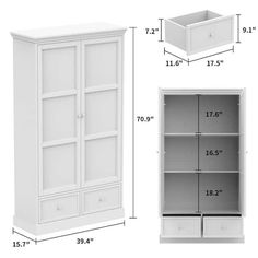 the measurements for an armoire with drawers and shelving unit in white, shown from top to bottom