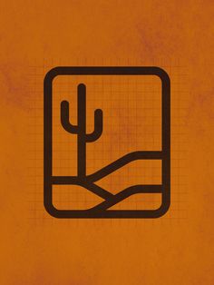 an orange square with a cactus in the center and lines across it, on top of a brown background