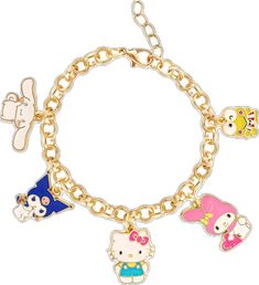 the hello kitty charm bracelet has five charms attached to it's gold tone chain