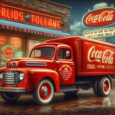 an old coca - cola truck parked in front of a store