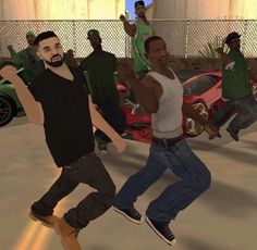 two men are dancing in front of some cars