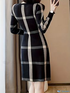 Orcajump - Plaid Pattern Midi Dress, Casual Crew Neck Long Sleeve Dress, Women's Clothing Elegant Plaid Knee-length Mini Dress, Elegant Knee-length Plaid Mini Dress, Fitted Plaid Winter Dress, Plaid V-neck Winter Dress, Chic Plaid Dress For Winter, Winter Plaid V-neck Dress, Elegant Plaid Winter Dress, Midi Dress Casual, Type A