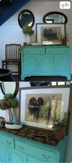 the dressers are painted blue and have pictures on them with plants in vases