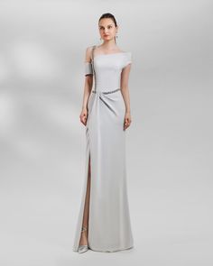 Asymmetrical Neckline Dress Asymmetrical Neckline Dress, Beaded Strap, Long Evening Dress, Mob Dresses, Draped Skirt, Neckline Dress, Asymmetrical Neckline, Grey Dress, Evening Dresses Long