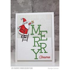 a christmas card with a santa clause on it and the words merry written in green