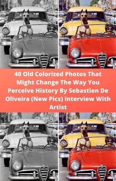 an old car with a dog sitting in the front seat and another photo behind it