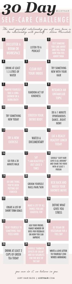 A fun 30 Day Self Care Challenge! | Luxy Hair Blog 30 Day Self Care Challenge, 30 Day Self Care, Quotes Meditation, Self Care Challenge, Eating Challenge, Challenge Quotes, Luxy Hair, Women Ideas, Fitness Instructor