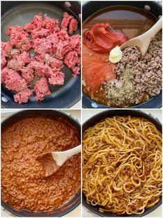 four pictures showing different types of food being cooked in pans, including meat and noodles