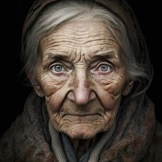 an old woman with wrinkles and blue eyes