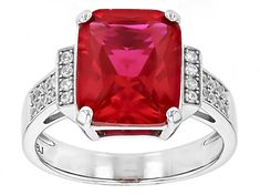 5.78ct Rectangular Octagonal Lab Created Ruby With .31ctw Round White Zircon Rhodium Over Sterling Silver Ring. Measures Approximately 0.83"L x 0.51"W. Not sizeable. Accent stones primarily zircon. Ruby Silver Ring, Red Lab, Silver Ring Wedding, Red Band, Jewelry Lookbook, Ruby Gemstone, Faceted Gemstones, Cultured Pearls, 925 Sterling Silver Ring