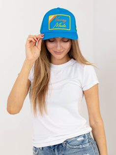 This colorful trucker hat features an embroidered patch with "Vacay Mode" across the front. Adjustable. Blue Trucker Snapback Hat With Logo Patch, Blue Trucker Baseball Cap With Logo Patch, Blue Trucker Hat With Logo Patch, Blue Trucker Hat With Logo Patch And Curved Brim, Blue Snapback Baseball Cap With Embroidered Patch, Blue Trucker Hat With Embroidered Patch, Blue Snapback Hat With Embroidered Patch, Blue Embroidered Snapback Baseball Cap, Blue Cap With Embroidered Patch