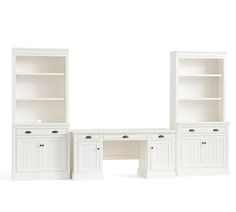 a white desk and hutch set with cupboards on each side, both open